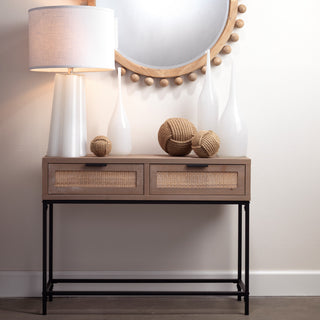 Luxe Woven Raffia Front 2 Drawer Console Table Casual Light Wood 40"