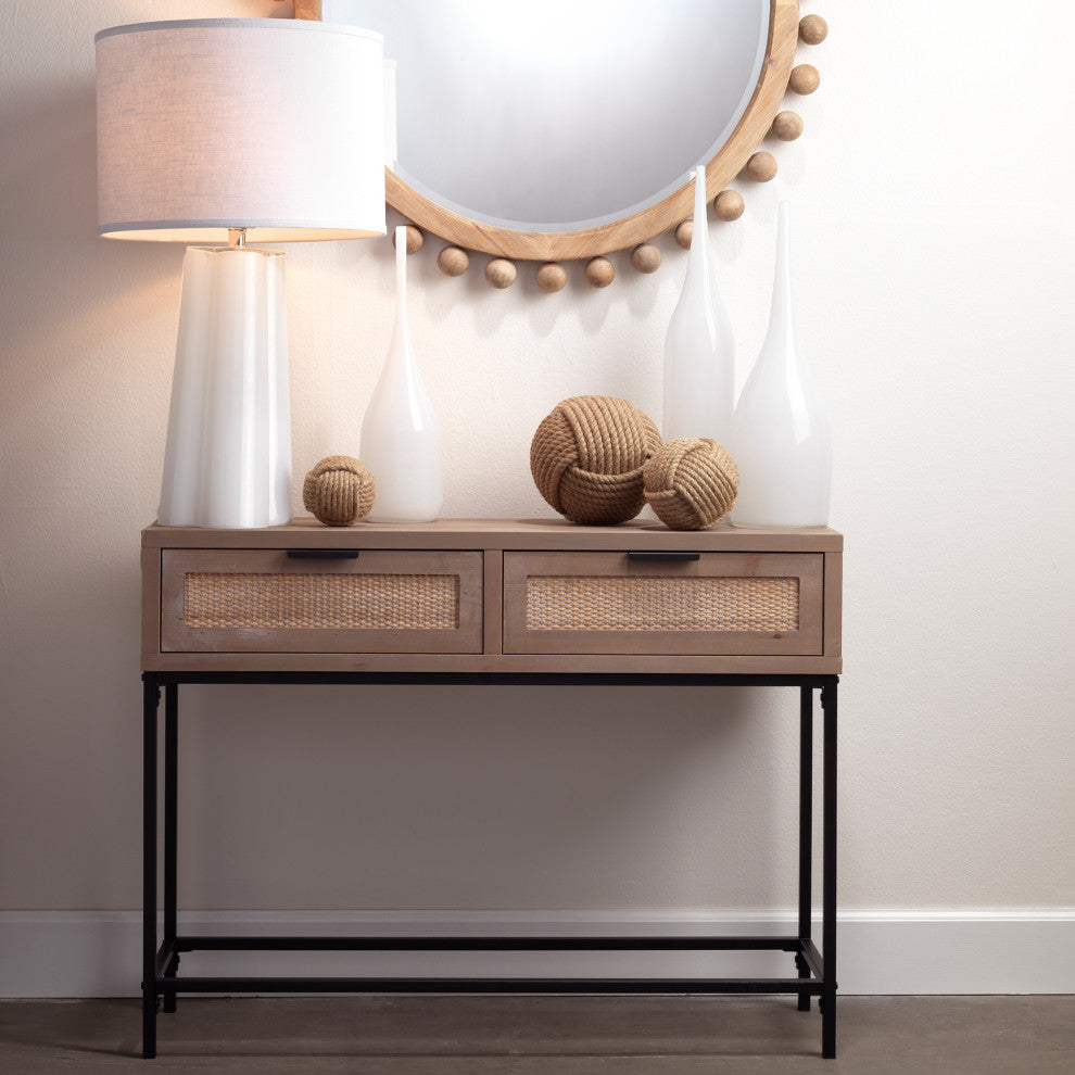 Luxe Woven Raffia Front 2 Drawer Console Table Casual Light Wood 40"