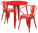 Commercial Grade 30" Round Red Metal Indoor-Outdoor Table Set with 2 Arm Chairs