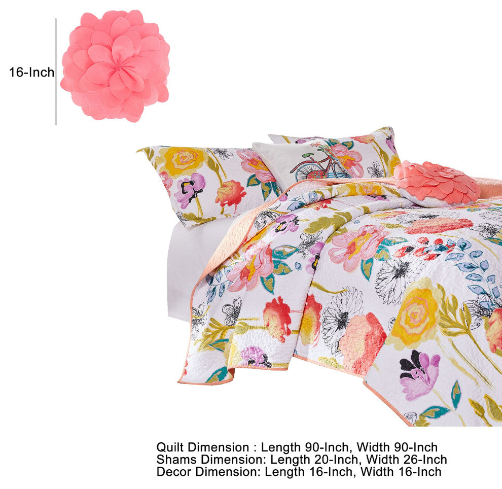 Benzara BM280418 Mavi 5 Piece Reversible Full Quilt Set, Floral Print
