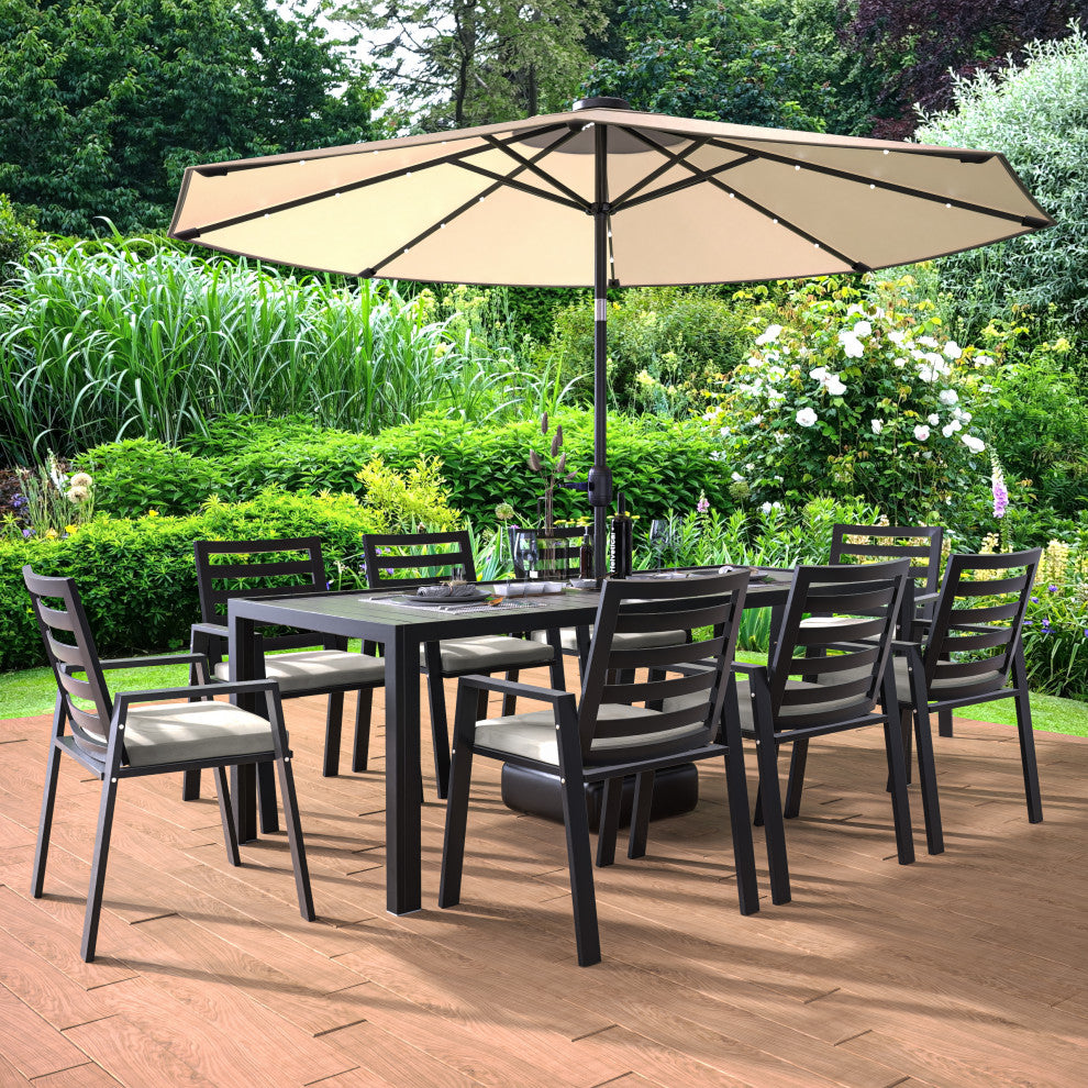 LeisureMod Chelsea Patio Dining Armchair in Aluminum with Cushions, Beige