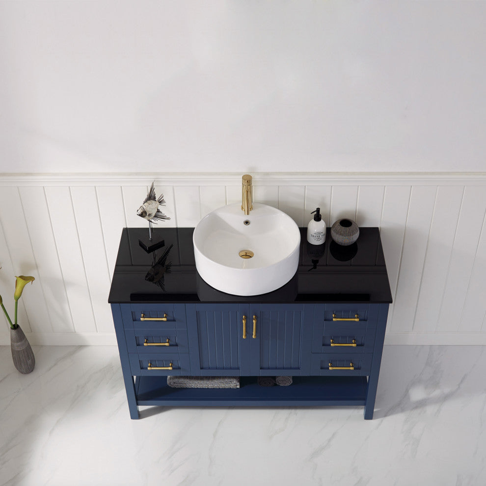 48"? Vanity in Royal Blue with Glass Countertop with White Vessel Sink No Mirror