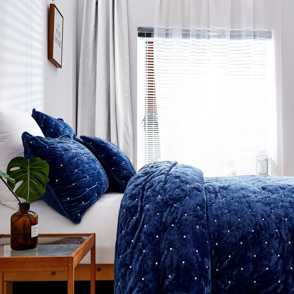 Velvet Dreams Dark Blue Plush Diamond Tufted Bedspread, King