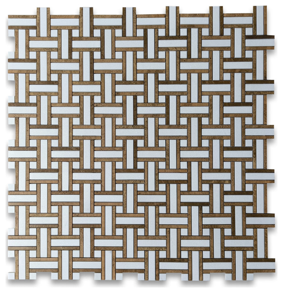 Thassos White Marble Twine Basketweave Mosaic Tile Yellow Woodgrain, 1 sheet