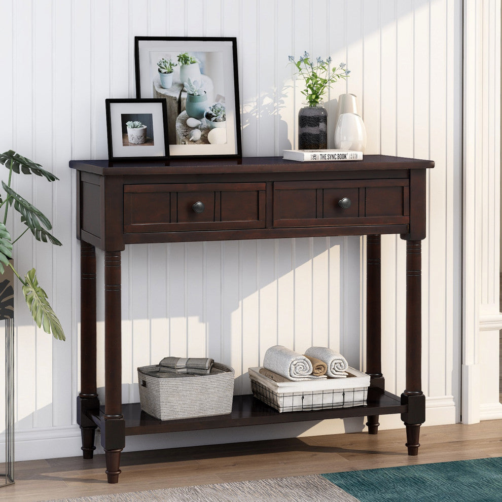 TATEUS Espresso Finish Solid Wood Console Table With Drawers, Espresso