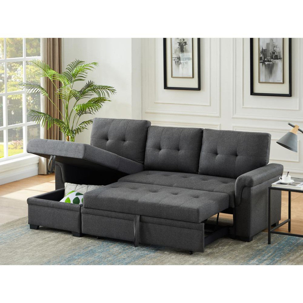 Sierra Dark Gray Linen Reversible Sleeper Sectional Sofa With Storage