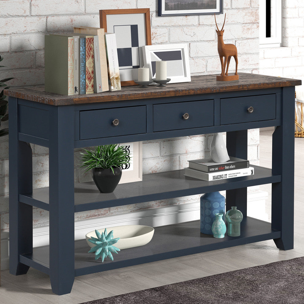 TATEUS 48" Solid Pine Wood Console Table with Storage Drawers, Blue