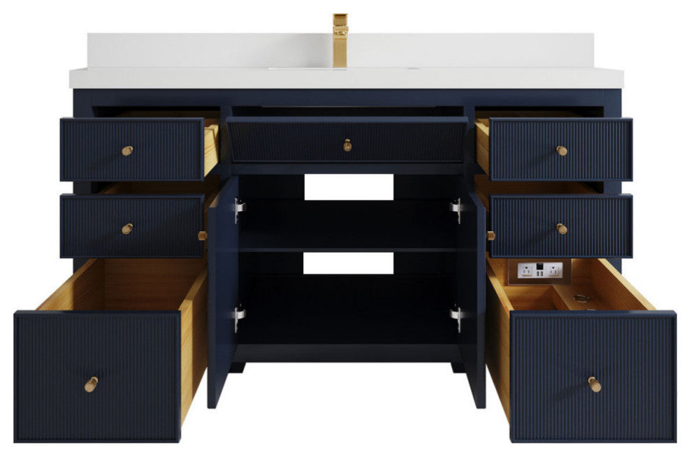 Sonoma 60 Single Sink Reeded Bathroom Vanity in Hale Navy Blue 2" White Quartz