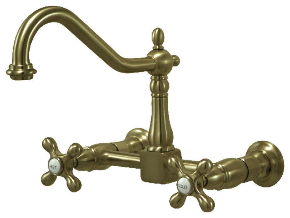 Kingston Brass Two-Handle Wall Mount Bridge Kitchen Faucet, Antique Brass