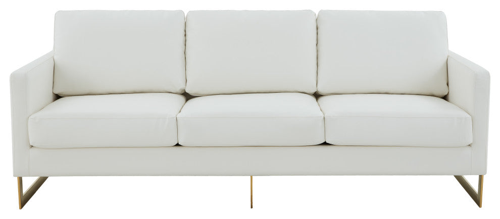 LeisureMod Lincoln Modern Leather Sofa With Gold Frame, White