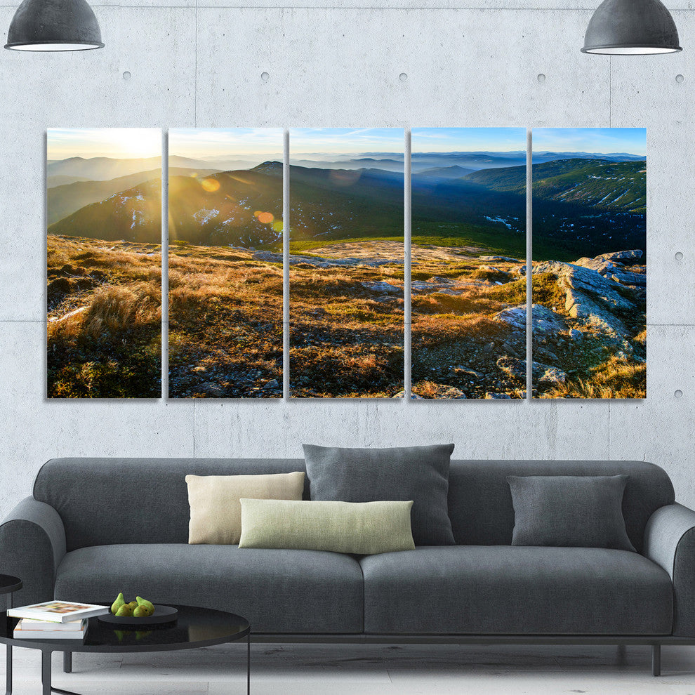Mountains Glowing in Sunlight, Landscape Canvas Art Print, 60"x28", 5 Panels