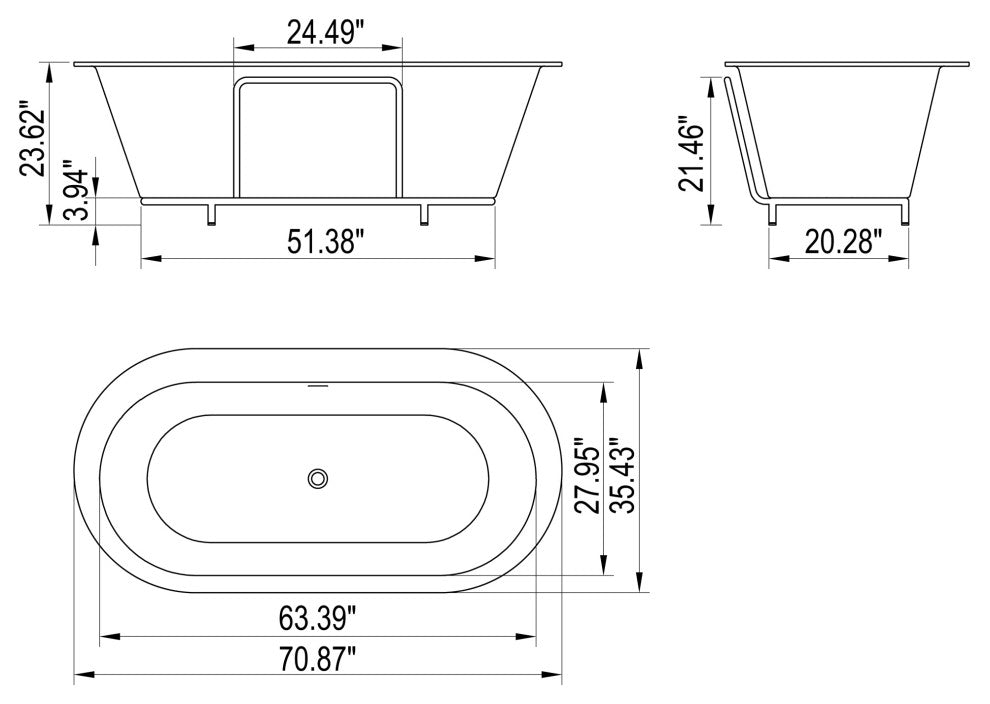 71 in. W Solid Surface Clawfoot Soaking Bathtub with Center Drain