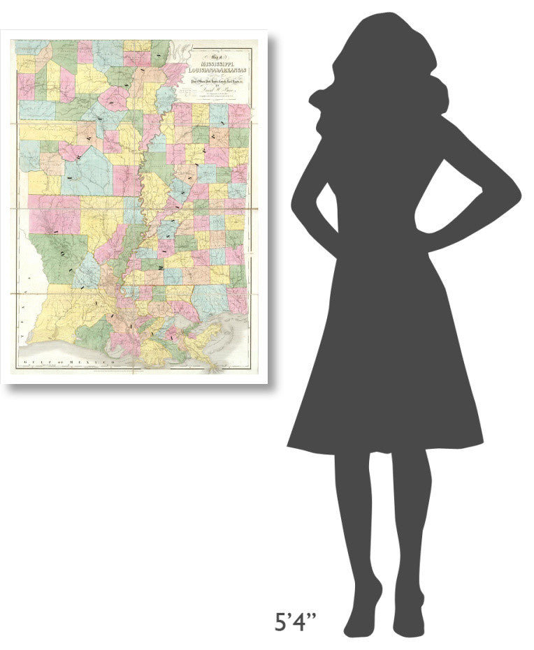 "Map of Mississippi, Louisiana and Arkansas, 1839" Paper Art, 29"x38"