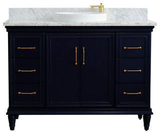 49" Single Sink Vanity, Blue Finish With White Carrara Marble and Round Sink
