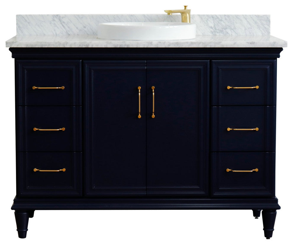 49" Single Sink Vanity, Blue Finish With White Carrara Marble and Round Sink