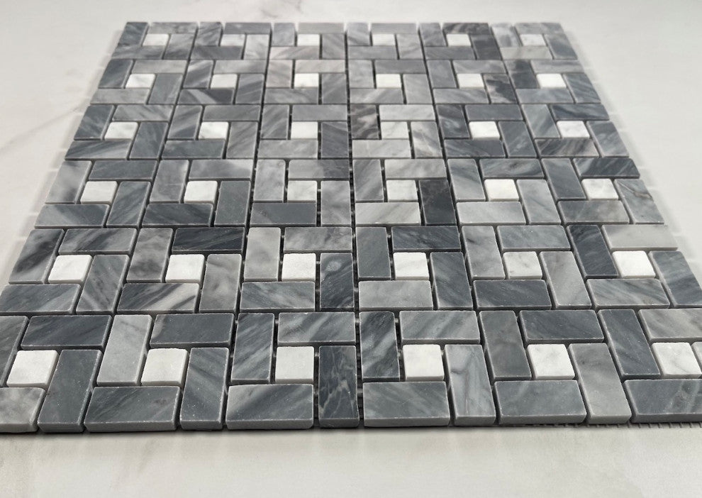 Bardiglio Gray Dark Grey Marble Pinwheel Mosaic Tile White Dots Honed, 1 sheet