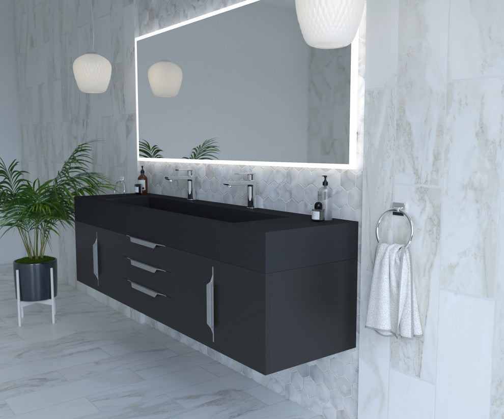 CastelloUSA Nile 72" Wall Mounted Bathroom Vanity Set, Black, Black Top, Chrome Handles