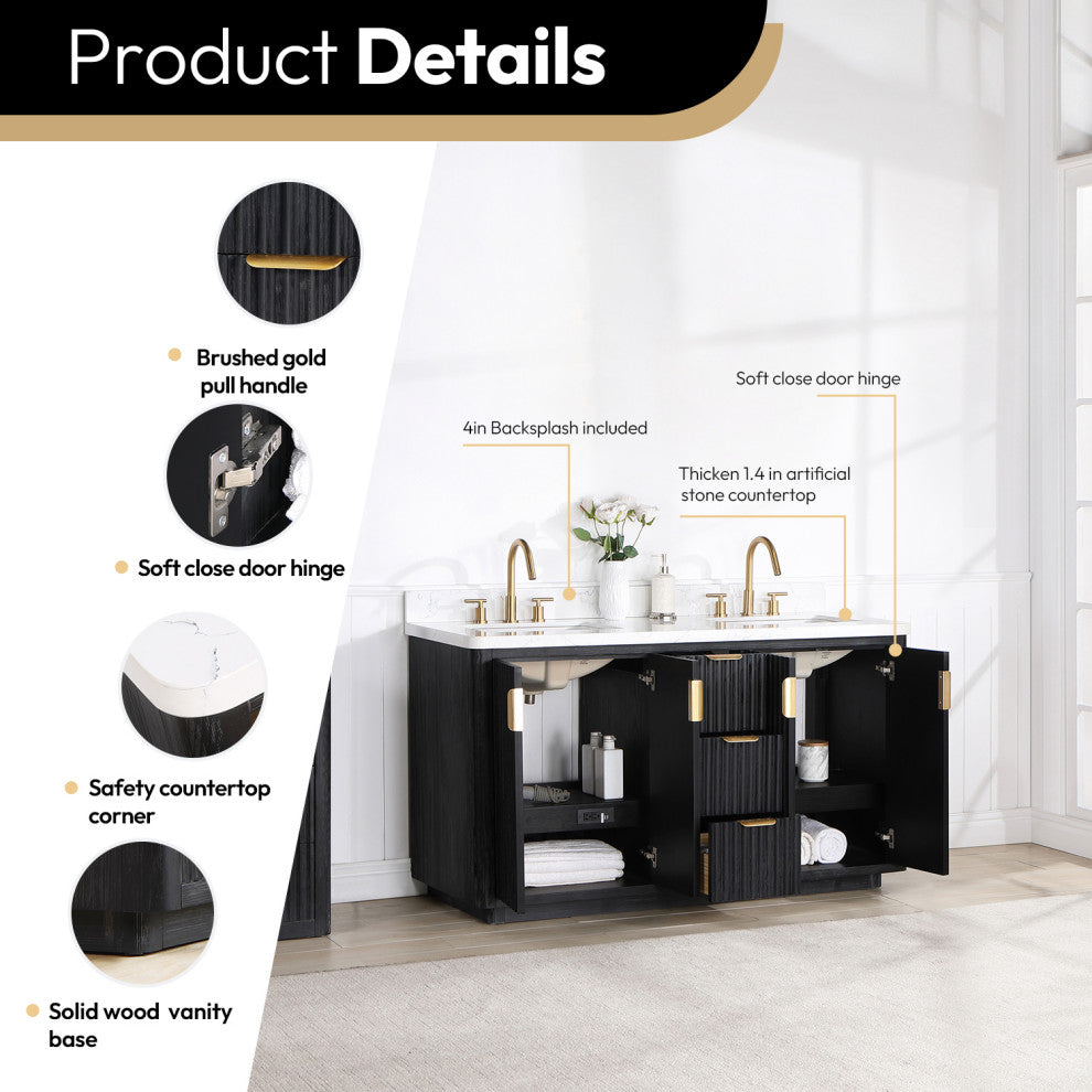 Vinnova Cadiz Bath Vanity, Composite Stone Top, Black, 60", No Mirror
