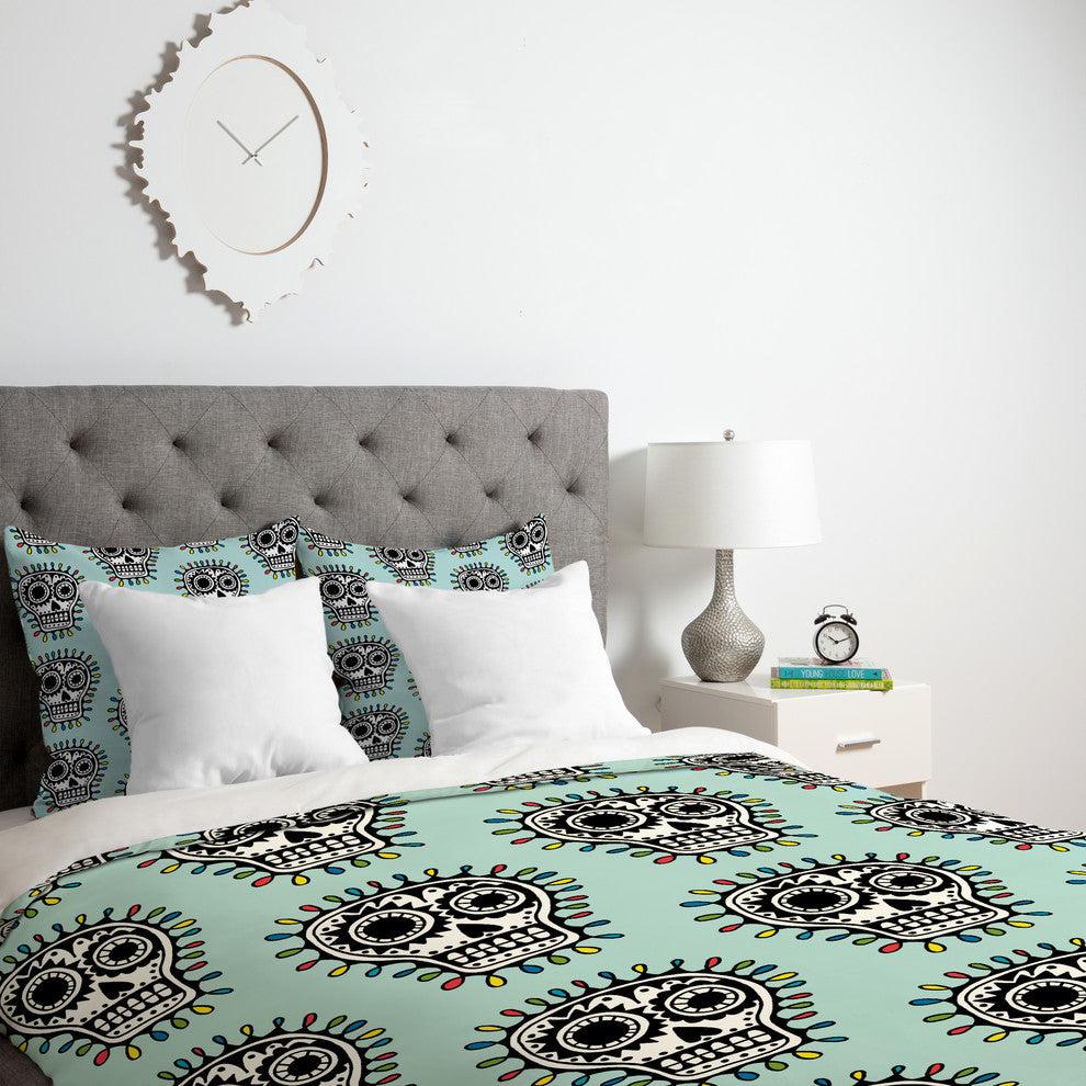 Deny Designs Andi Bird Sugar Skull Fun Aqua Duvet Cover - Lightweight