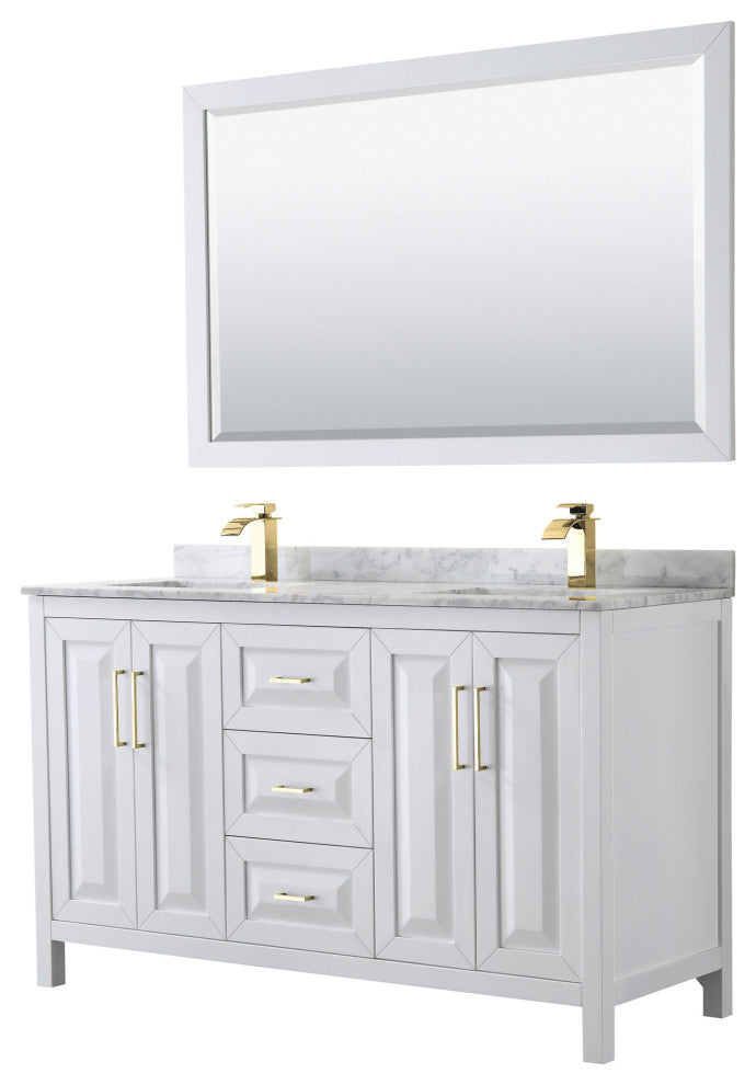 60"DBL Bath Vanity White, Carrara Countertop, Sinks, 58" Mirror, Gold Trim