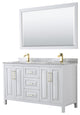 60"DBL Bath Vanity White, Carrara Countertop, Sinks, 58" Mirror, Gold Trim