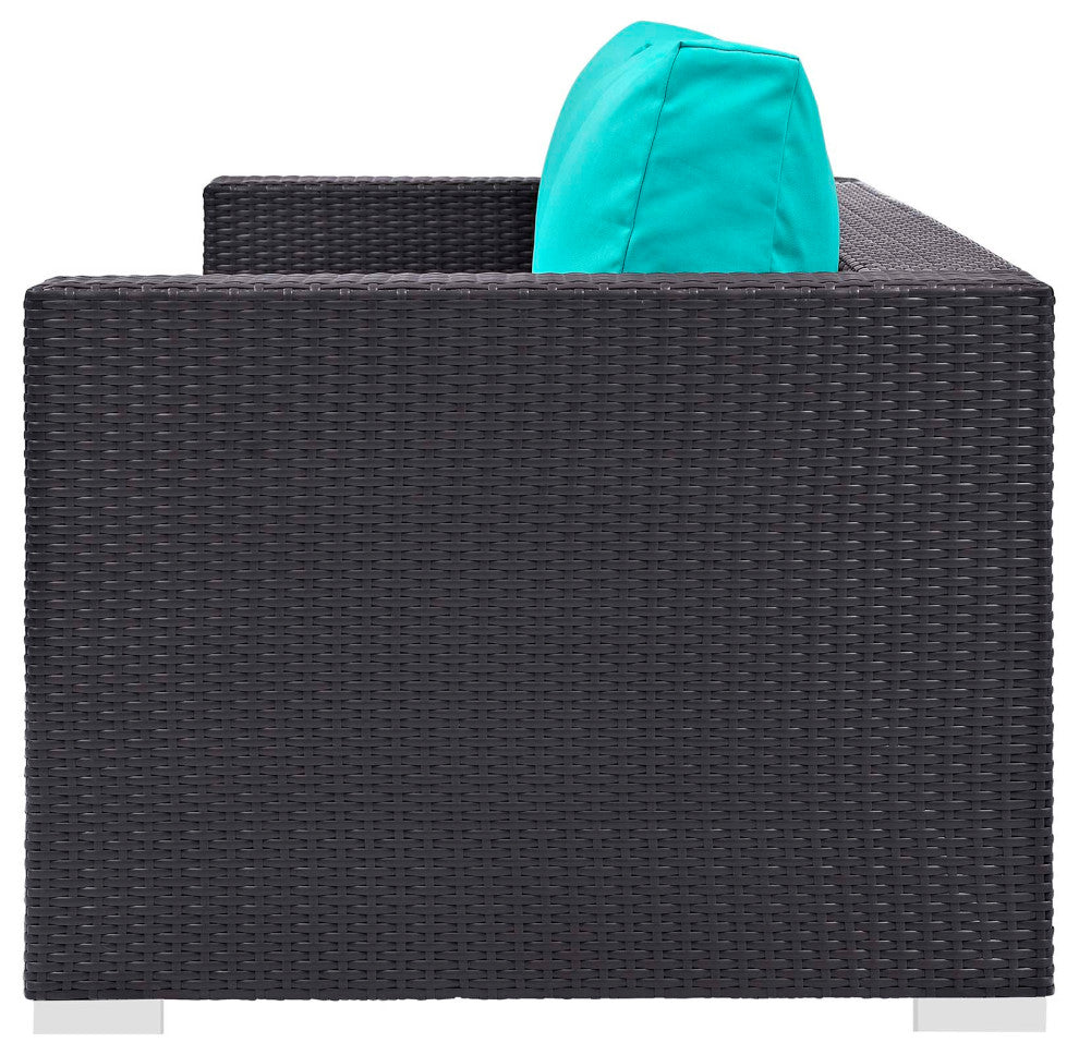Modern Outdoor Sofa, Chair and Coffee Table Fire Pit Set, Fabric Rattan, Blue