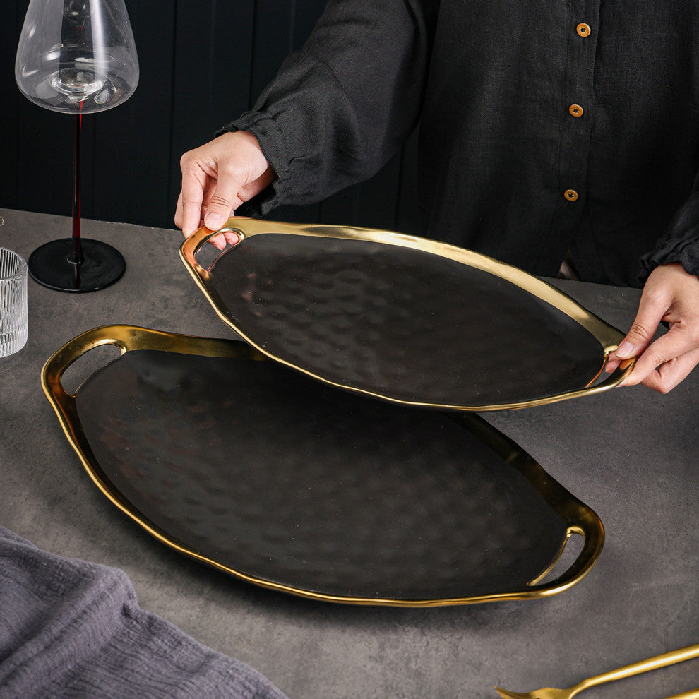 2-Piece Stone Lain Florian Porcelain Serving Plate Set, Black