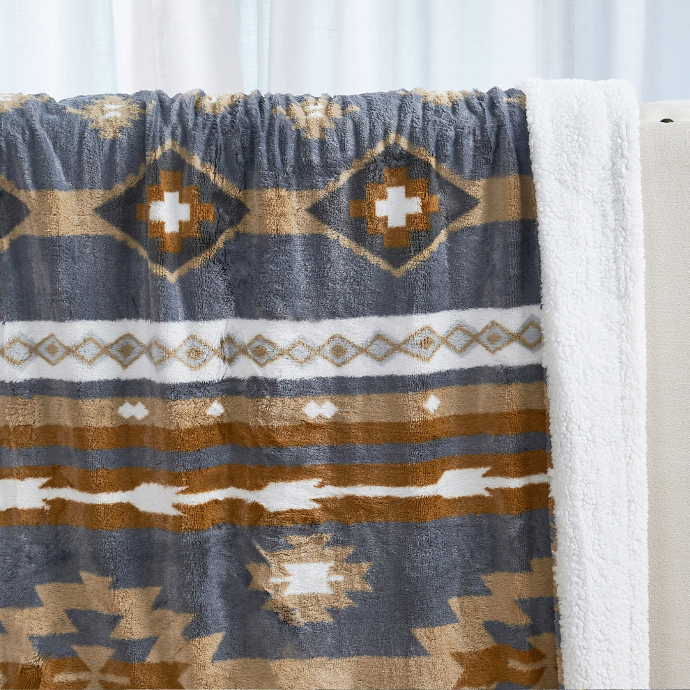 Southwest Faux Fur & Sherpa Backing Throw Blanket, Gray, 50" X 60"