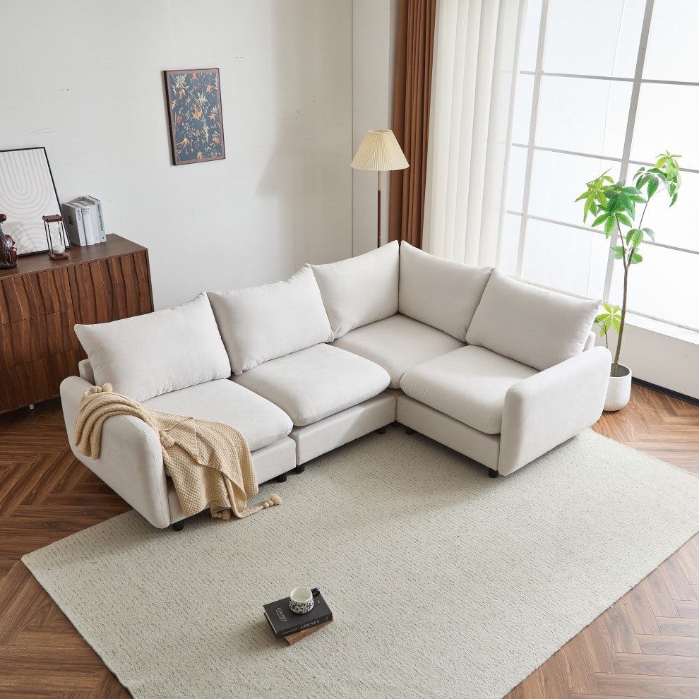 GDF Studio Upholstered Modular Sectional Sofa Set, White Sand, 3 Seater-L Shaped