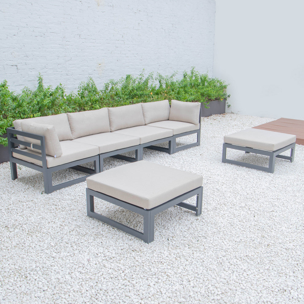 LeisureMod Chelsea 6-Piece Patio Ottoman Sectional Black Aluminum, Beige