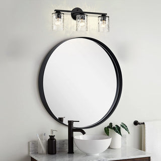 3-Light 21 in. Matte Black Vanity Light With Hammered Clear Glass Shades