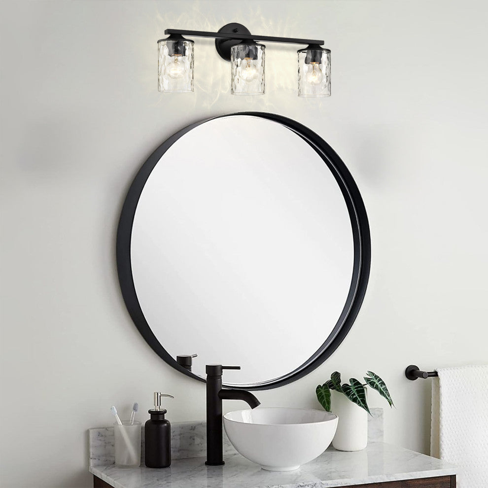 3-Light 21 in. Matte Black Vanity Light With Hammered Clear Glass Shades