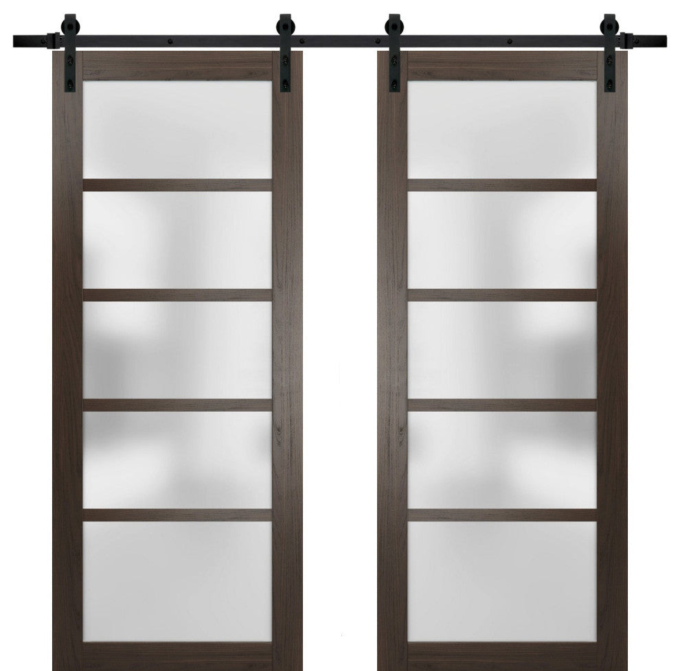 Double Barn Door 48 x 80 Frosted Glass, Quadro 4002 Chocolate Ash, 13' Rail