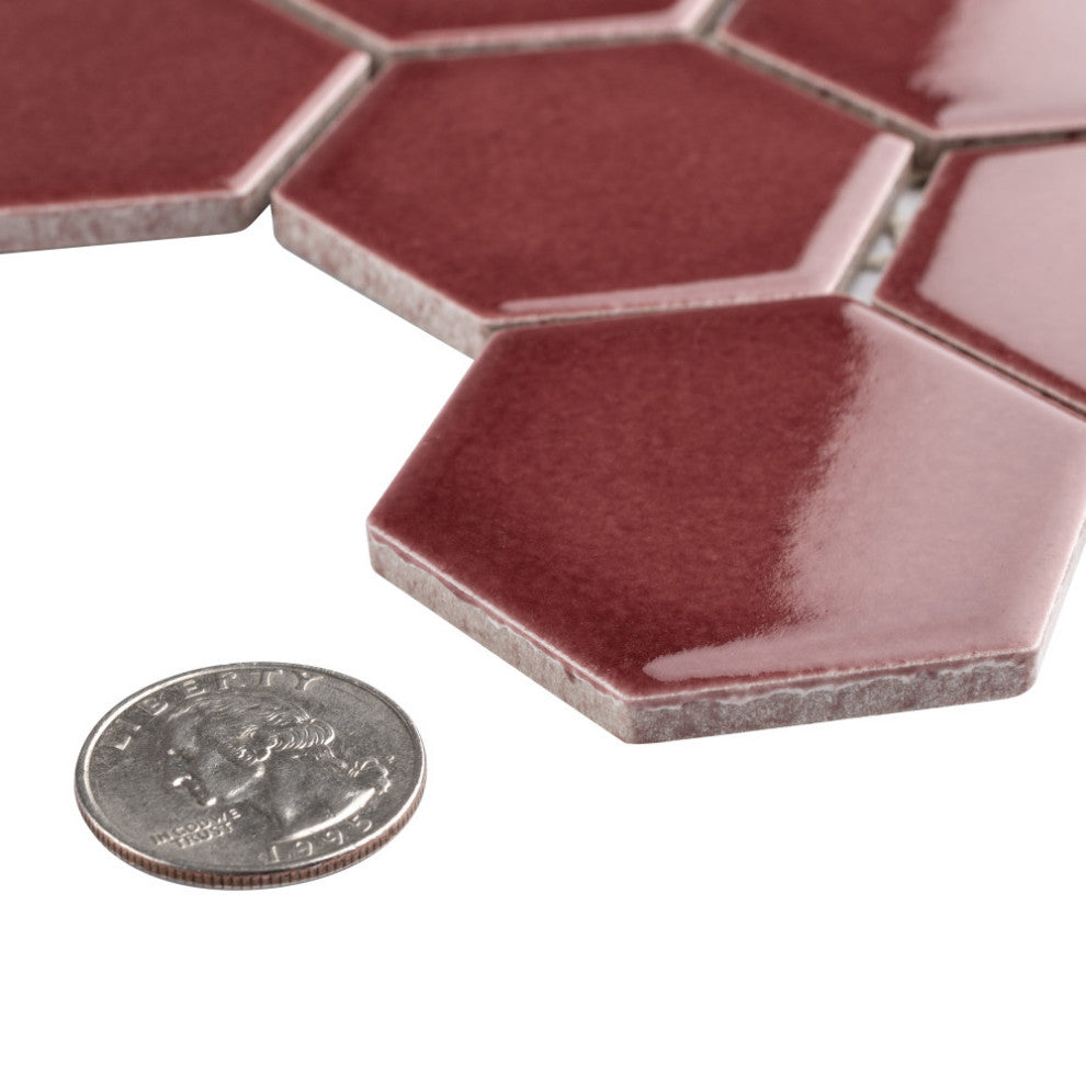 Tribeca 2" Hex Porcelain Mosaic Floor and Wall Tile, Glossy Rusty Red