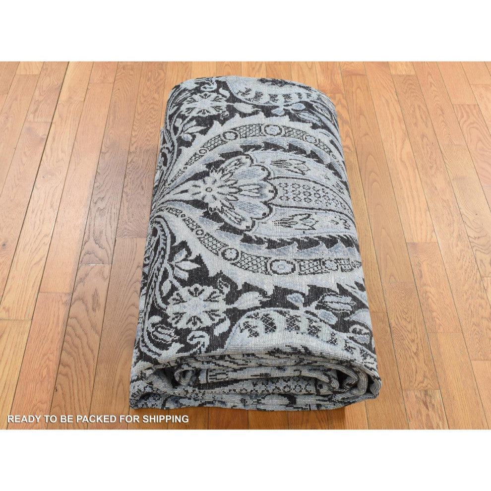 Goose Gray Pure Silk With Wool Tulip Flower Design Hand Knotted Rug 9'x12'2"
