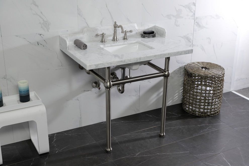 Kingston Brass LMS3630MBSQ8 36" Carrara Marble Console Sink, Legs