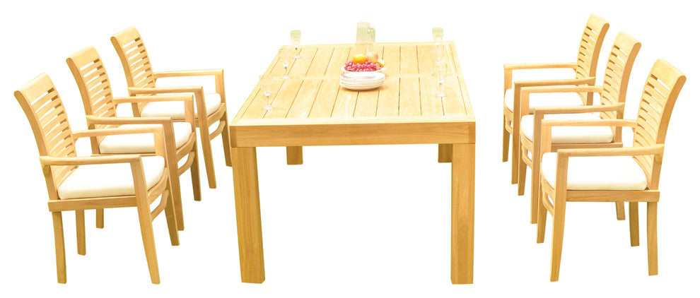 7-Piece Outdoor Teak Dining Set: 86" Rectangle Table, 6 Mas Stacking Arm Chair