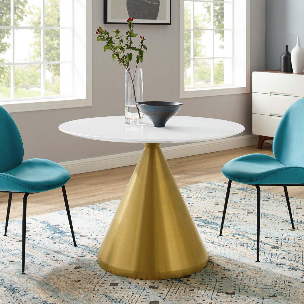 Dining Table, Round, Wood, Metal, Gold White, Modern, Cafe Bistro Restaurant