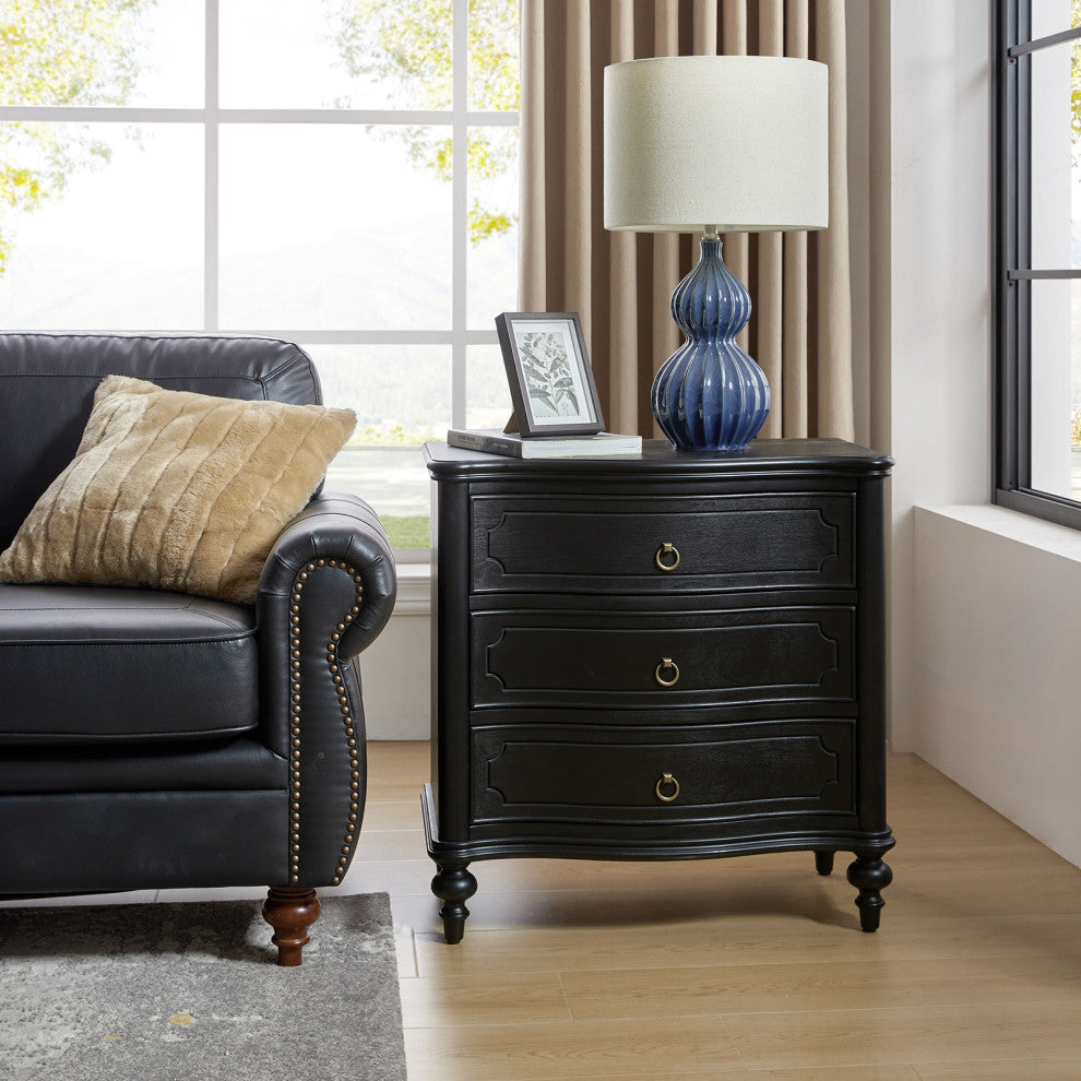 3-Drawer Nightstand With Solid Wood Legs and Built-In Outlets, Black