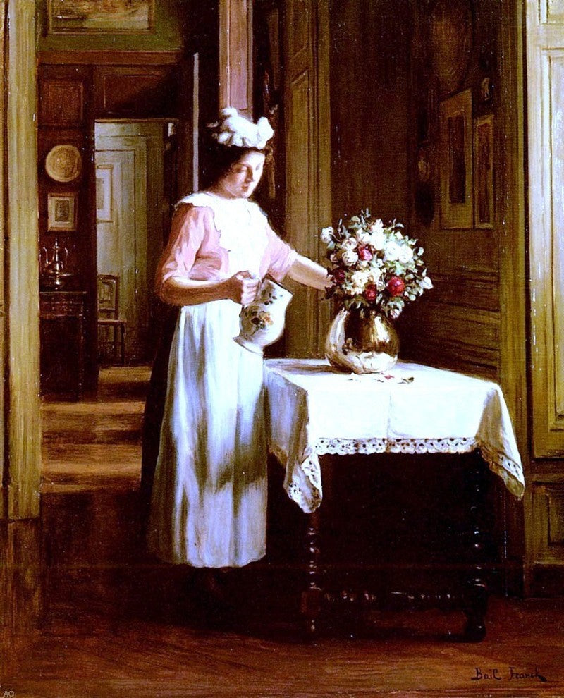 Franck Antoine Bail A Maid Watering Flowers, 20"x25" Gallery Wrapped Canvas