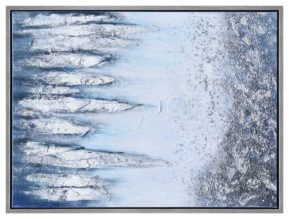 Blue and White Abstract Canvas Icicles Textured Metallic Hand Painted Wall Art