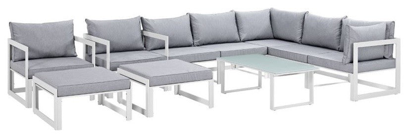 Modway Fortuna 10 Piece Outdoor Patio Sectional Sofa Set, White Gray