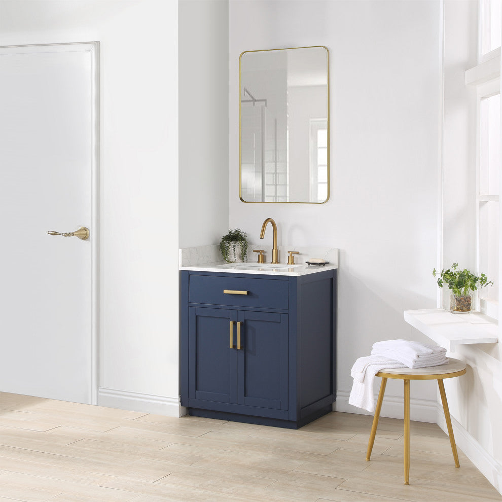 Gavino Vanity With Grain White Composite Stone Top, Royal Blue/Brushed Gold, 30", No Mirror