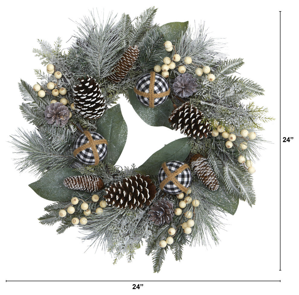 24" Snow Tipped Holiday Artificial Wreath With Berries, Pine Cones and Ornaments