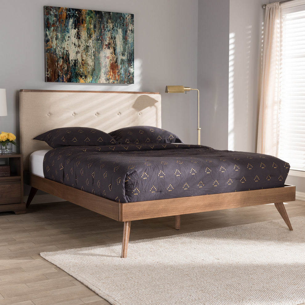 Bella Light Beige Fabric and Walnut Brown Finished Wood Queen Size Platform Bed