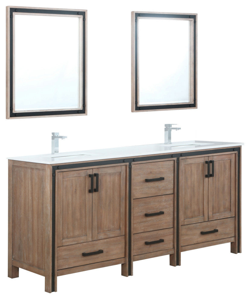 Ziva 72 Barnwood DB Vanity, Cultured Marble Top, Square Sink, 30 Mirrors, Faucet