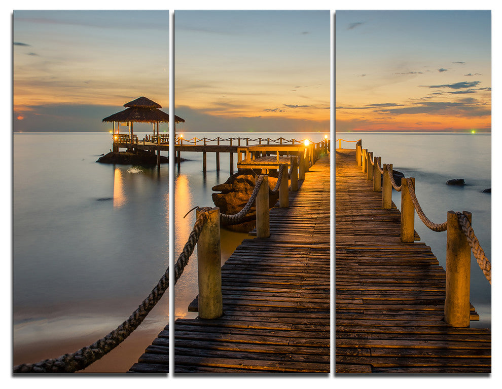 "Brown Wooden Pier in Evening" Photo Canvas Print, 3 Panels, 36"x28"