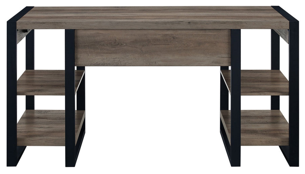 Modern Desk, Drawer With Side Open Shelves With Charging Station, Gray Wash
