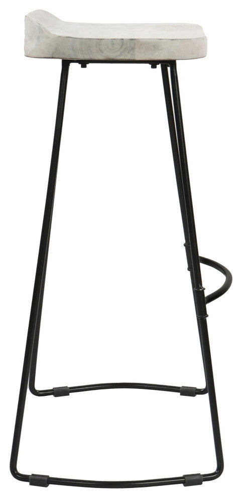 Tiva 30" Handcrafted Backless Barstool, Whitewashed Mango Wood Saddle Seat