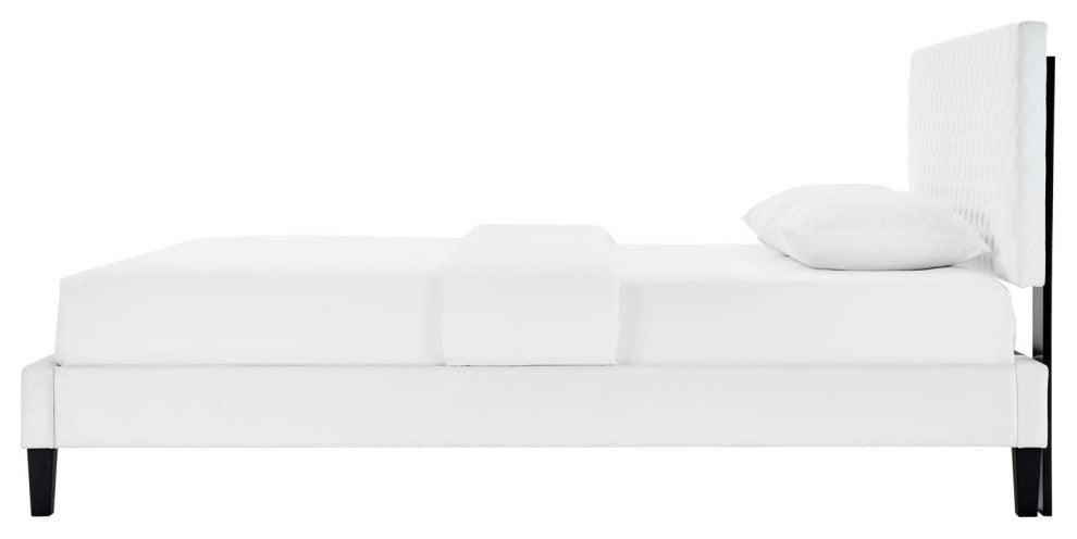 Platform Bed Frame, King Size, White, Velvet, Modern, Bedroom Guest Suite
